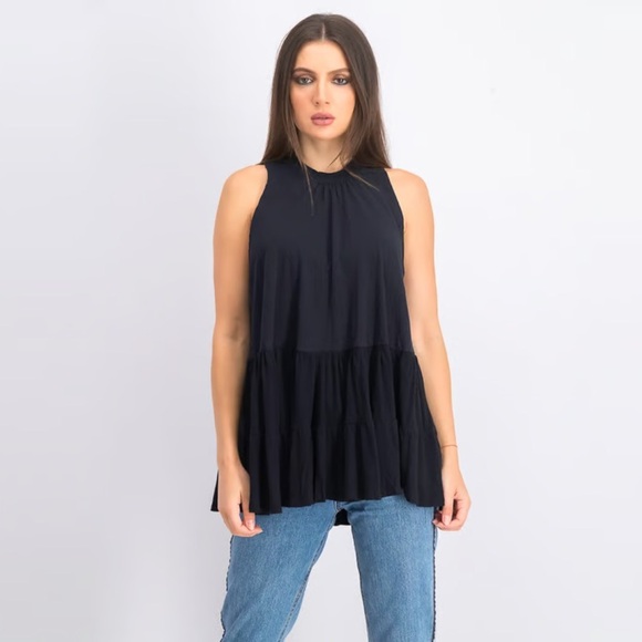 Free People Right On Time Tie Back Peplum Cotton Blend Tunic Top Black Blue M - Picture 1 of 15